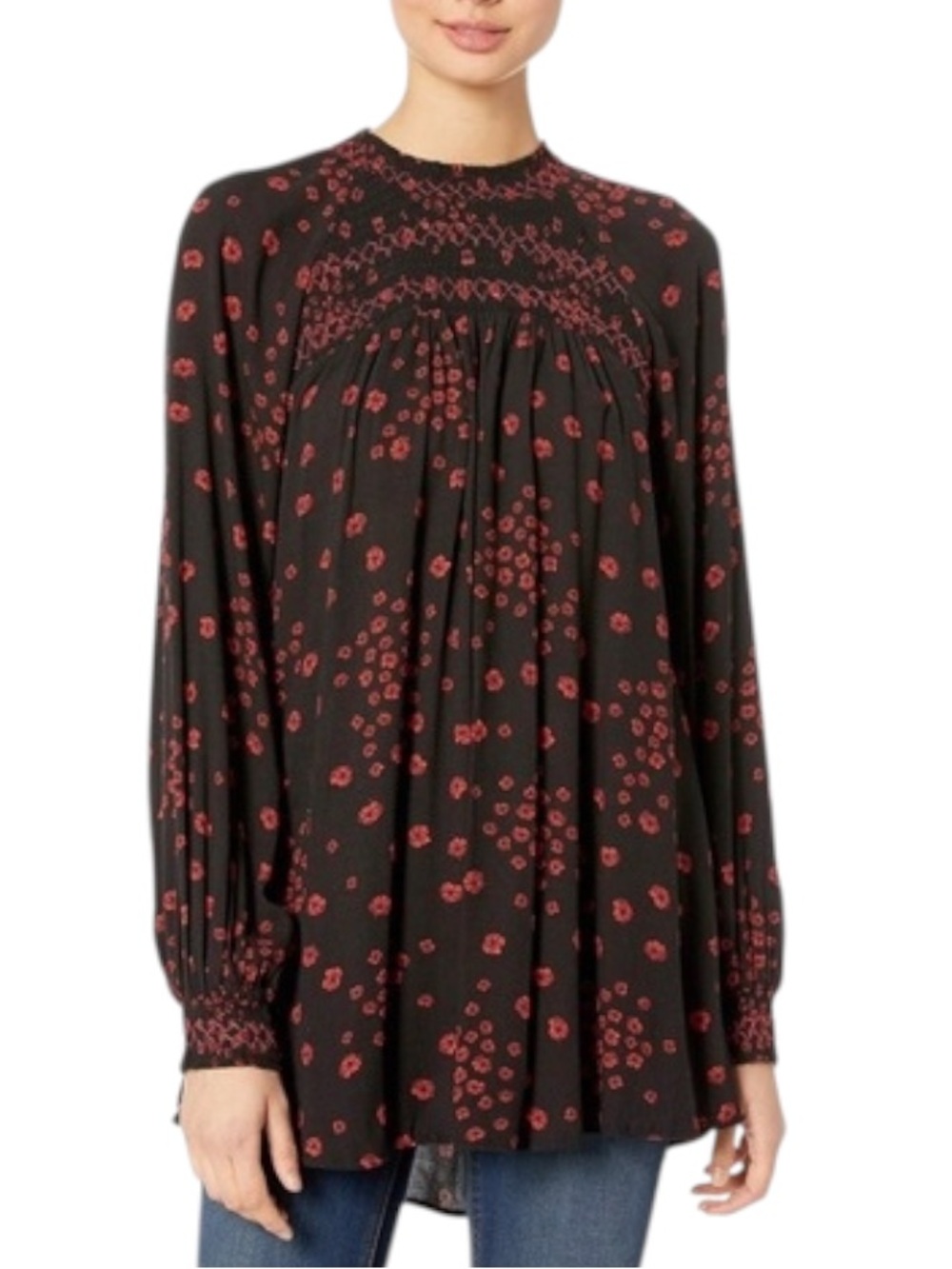 Free People XS Black Red Floral Smocked Peasant Tunic Top Boho